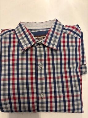 Johnston & Murphy Men’s Large Red, Blue & White Plaid Casual Button-Down Shirt